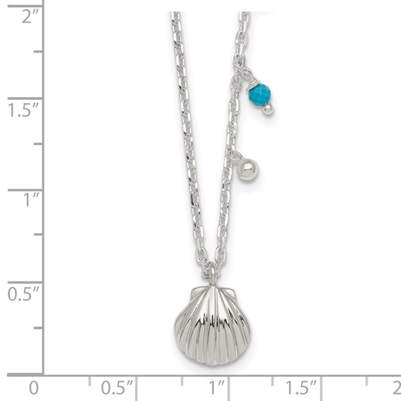 Sterling Silver Polished Beaded Turquoise and Grooved Seashell 16 inch with 2 inch Extension Necklace