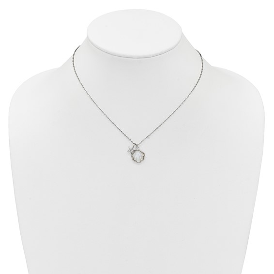 Sterling Silver Rhodium-plated Polished Mother of Pearl Shell and CZ Starfish 16 Inch with 2 Inch Extension Necklace