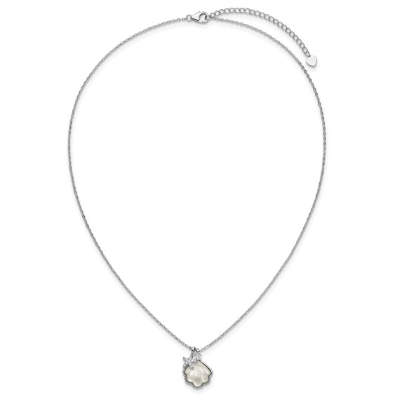 Sterling Silver Rhodium-plated Polished Mother of Pearl Shell and CZ Starfish 16 Inch with 2 Inch Extension Necklace