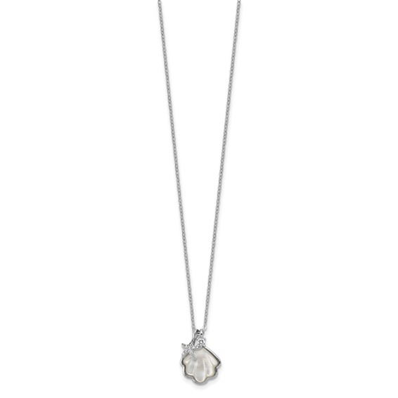Sterling Silver Rhodium-plated Polished Mother of Pearl Shell and CZ Starfish 16 Inch with 2 Inch Extension Necklace