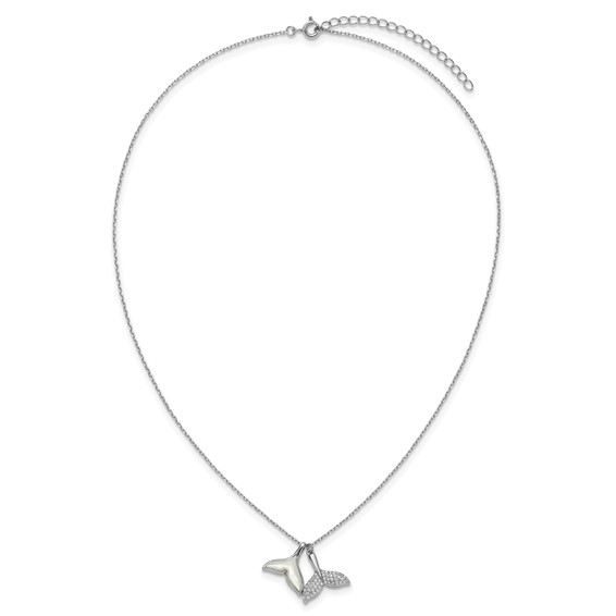 Sterling Silver Rhodium-plated Polished Mother of Pearl and CZ Whale Tails 16 Inch with 2 Inch Extension Necklace