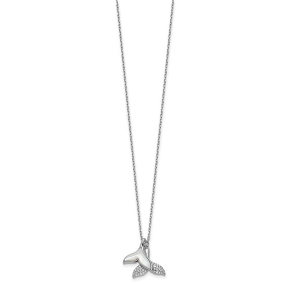 Sterling Silver Rhodium-plated Polished Mother of Pearl and CZ Whale Tails 16 Inch with 2 Inch Extension Necklace
