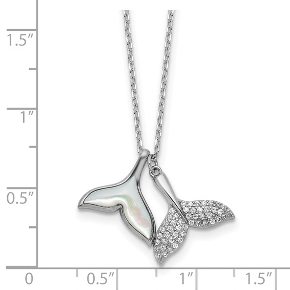 Sterling Silver Rhodium-plated Polished Mother of Pearl and CZ Whale Tails 16 Inch with 2 Inch Extension Necklace