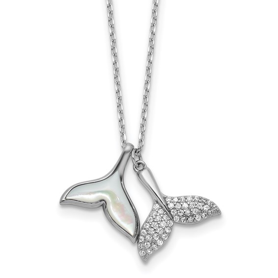 Sterling Silver Rhodium-plated Polished Mother of Pearl and CZ Whale Tails 16 Inch with 2 Inch Extension Necklace