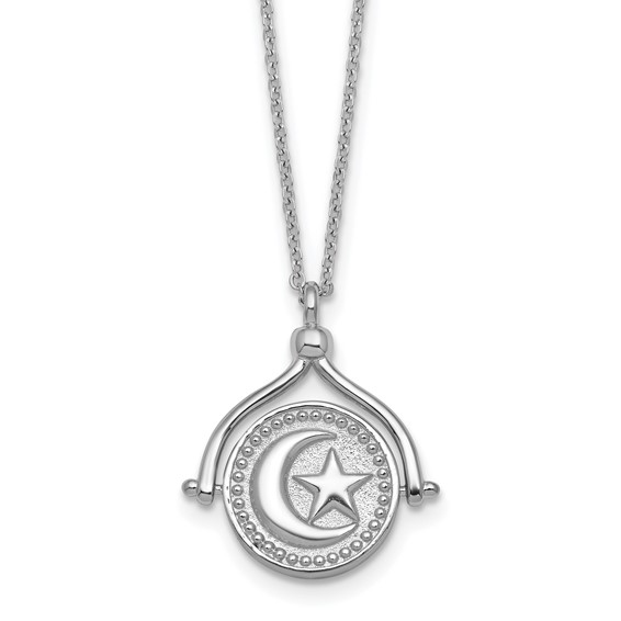 Sterling Silver Rhodium-plated Sun Front/Moon and Star Back Reversible Spinning Pendant 18 inch Necklace