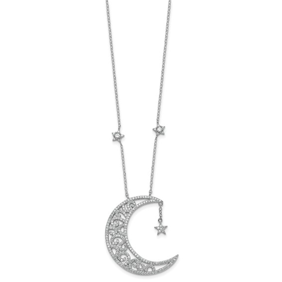 Sterling Silver Rhodium-plated Polished CZ Filigree Moon and Stars 18 Inch Necklace