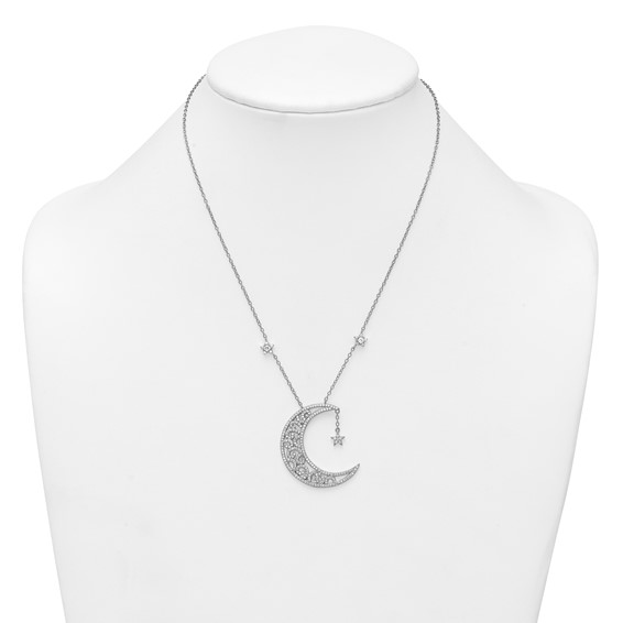 Sterling Silver Rhodium-plated Polished CZ Filigree Moon and Stars 18 Inch Necklace