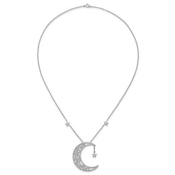 Sterling Silver Rhodium-plated Polished CZ Filigree Moon and Stars 18 Inch Necklace
