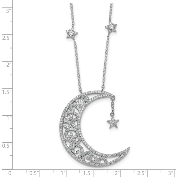 Sterling Silver Rhodium-plated Polished CZ Filigree Moon and Stars 18 Inch Necklace