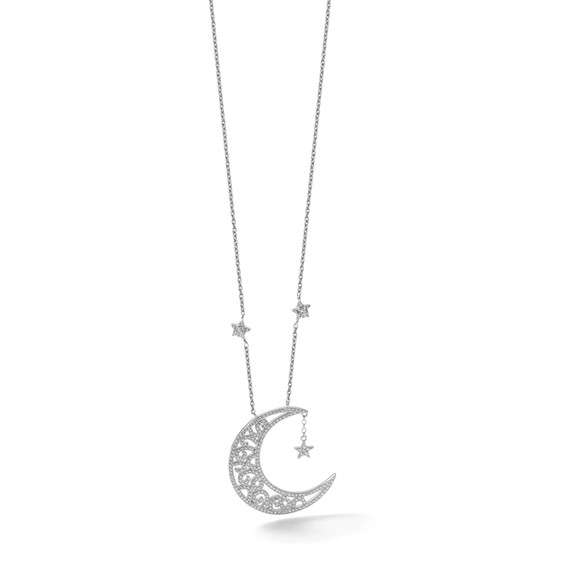 Sterling Silver Rhodium-plated Polished CZ Filigree Moon and Stars 18 Inch Necklace