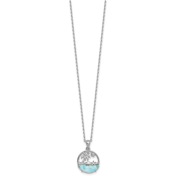 Sterling Silver Rhodium-plated Polished Larimar Beach Scene 16 Inch with 1.75 Inch Extension Necklace