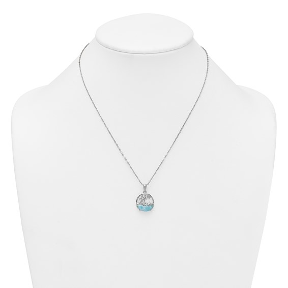 Sterling Silver Rhodium-plated Polished Larimar Beach Scene 16 Inch with 1.75 Inch Extension Necklace