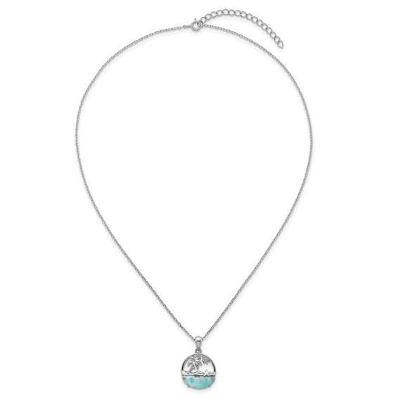 Sterling Silver Rhodium-plated Polished Larimar Beach Scene 16 Inch with 1.75 Inch Extension Necklace