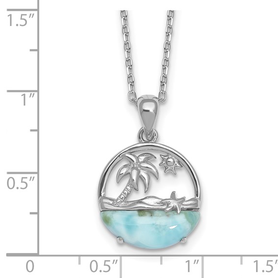 Sterling Silver Rhodium-plated Polished Larimar Beach Scene 16 Inch with 1.75 Inch Extension Necklace