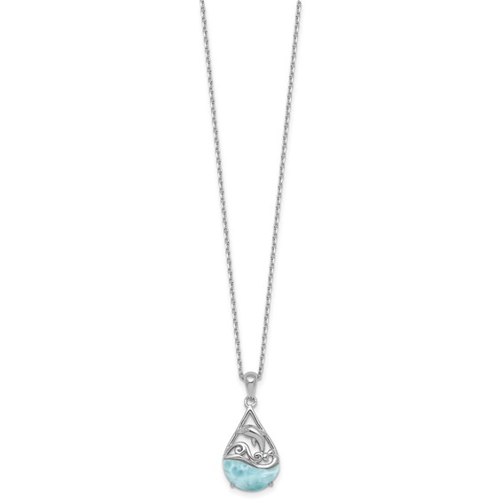 Sterling Silver Rhodium-plated Polished Larimar Dolphin Teardrop 16 Inch with 2 Inch Extension Necklace