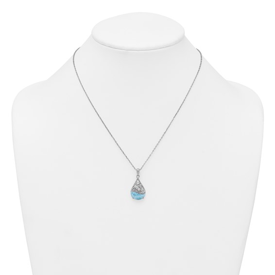 Sterling Silver Rhodium-plated Polished Larimar Dolphin Teardrop 16 Inch with 2 Inch Extension Necklace
