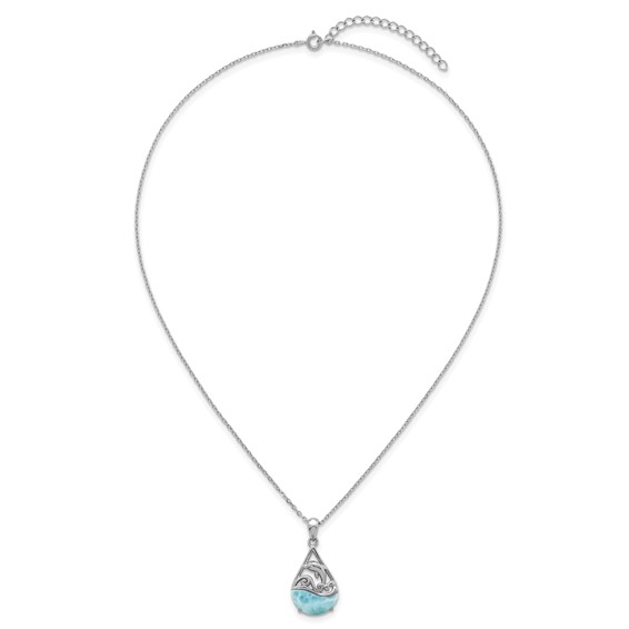 Sterling Silver Rhodium-plated Polished Larimar Dolphin Teardrop 16 Inch with 2 Inch Extension Necklace