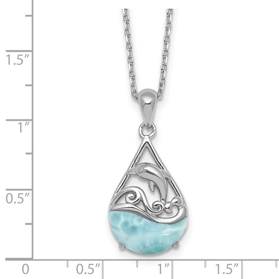 Sterling Silver Rhodium-plated Polished Larimar Dolphin Teardrop 16 Inch with 2 Inch Extension Necklace