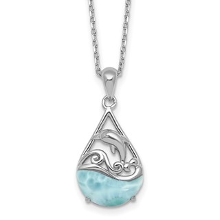 Sterling Silver Rhodium-plated Polished Larimar Dolphin Teardrop 16 Inch with 2 Inch Extension Necklace