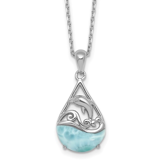 Sterling Silver Rhodium-plated Polished Larimar Dolphin Teardrop 16 Inch with 2 Inch Extension Necklace