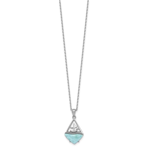 Sterling Silver Rhodium-plated Polished and Beaded Larimar Sailboat 16 Inch with 2 Inch Extension Necklace