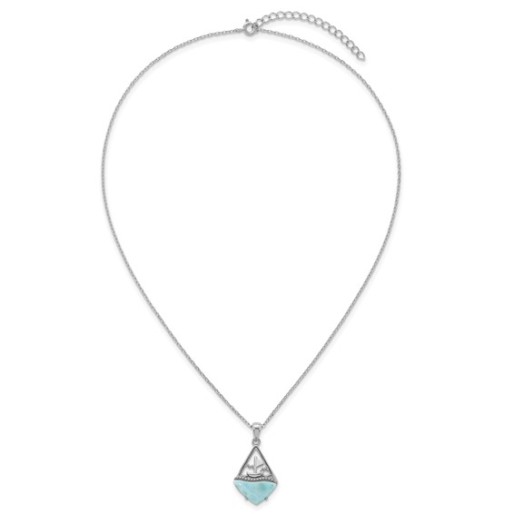 Sterling Silver Rhodium-plated Polished and Beaded Larimar Sailboat 16 Inch with 2 Inch Extension Necklace