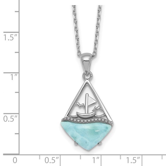 Sterling Silver Rhodium-plated Polished and Beaded Larimar Sailboat 16 Inch with 2 Inch Extension Necklace