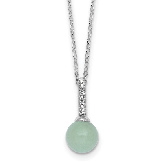 Sterling Silver Rhodium-plated Aventurine and CZ 16 inch with 2 inch Extender Necklace