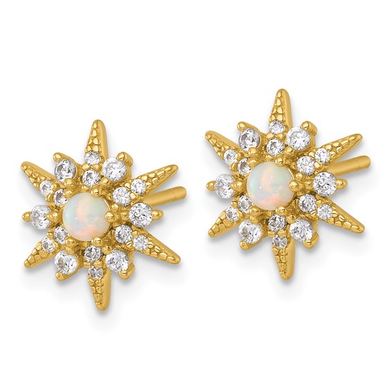 Sterling Silver Gold-Tone Polished Lab Created Opal and CZ Starburst Post Earrings