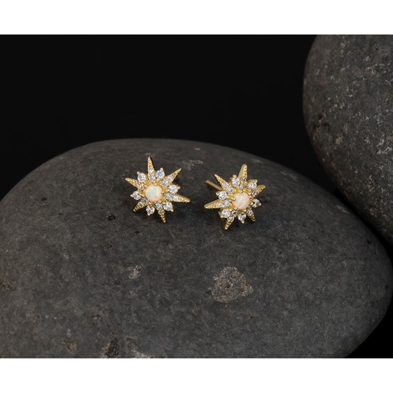 Sterling Silver Gold-Tone Polished Lab Created Opal and CZ Starburst Post Earrings
