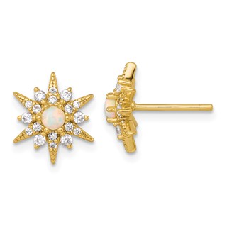 Sterling Silver Gold-Tone Polished Lab Created Opal and CZ Starburst Post Earrings