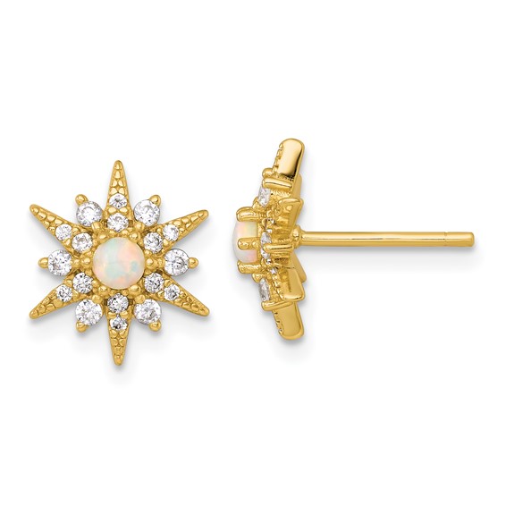 Sterling Silver Gold-Tone Polished Lab Created Opal and CZ Starburst Post Earrings