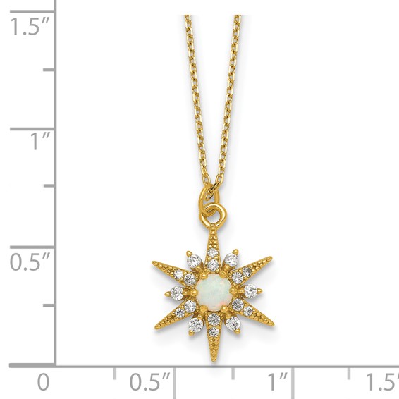 Sterling Silver Gold-Tone Polished Lab Created Opal and CZ Starburst 16 Inch with 2 Inch Extension Necklace