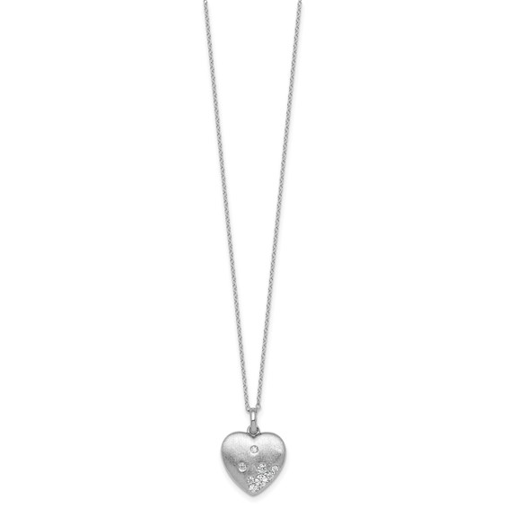 Sterling Silver Rhodium-plated Brushed CZ Heart 17.5 inch Necklace