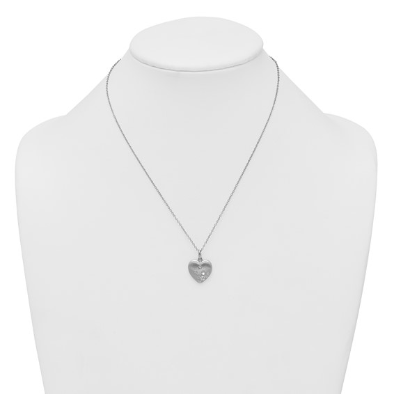 Sterling Silver Rhodium-plated Brushed CZ Heart 17.5 inch Necklace