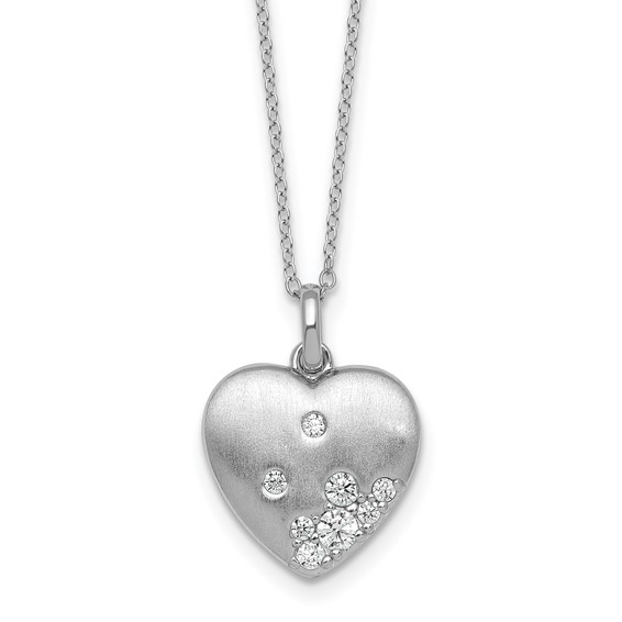 Sterling Silver Rhodium-plated Brushed CZ Heart 17.5 inch Necklace