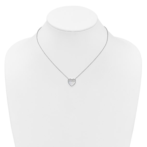 Sterling Silver Rhodium-plated Polished Mother of Pearl and CZ Heart 16 inch with 2 inch Extender Necklace