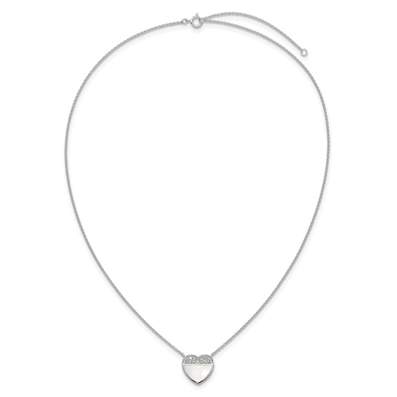 Sterling Silver Rhodium-plated Polished Mother of Pearl and CZ Heart 16 inch with 2 inch Extender Necklace