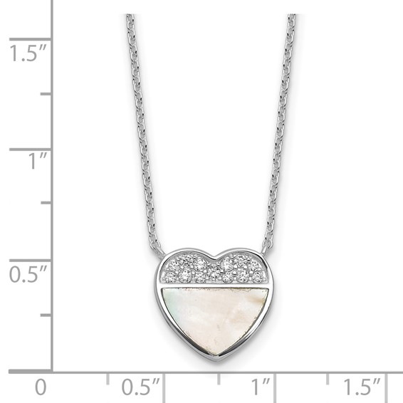 Sterling Silver Rhodium-plated Polished Mother of Pearl and CZ Heart 16 inch with 2 inch Extender Necklace