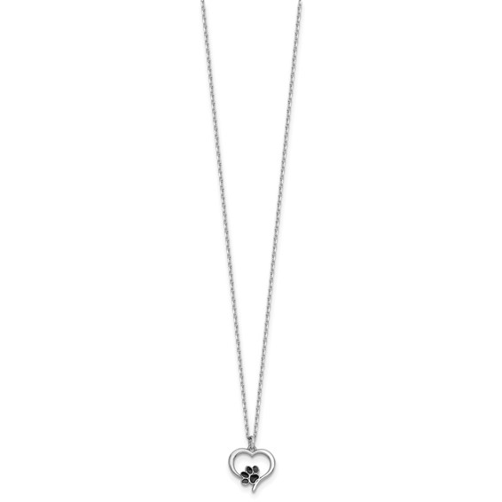 Sterling Silver Rhodium-plated Heart with Black Enameled Paw Print 16 inch with 1.5 inch Extension Necklace