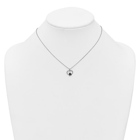 Sterling Silver Rhodium-plated Heart with Black Enameled Paw Print 16 inch with 1.5 inch Extension Necklace