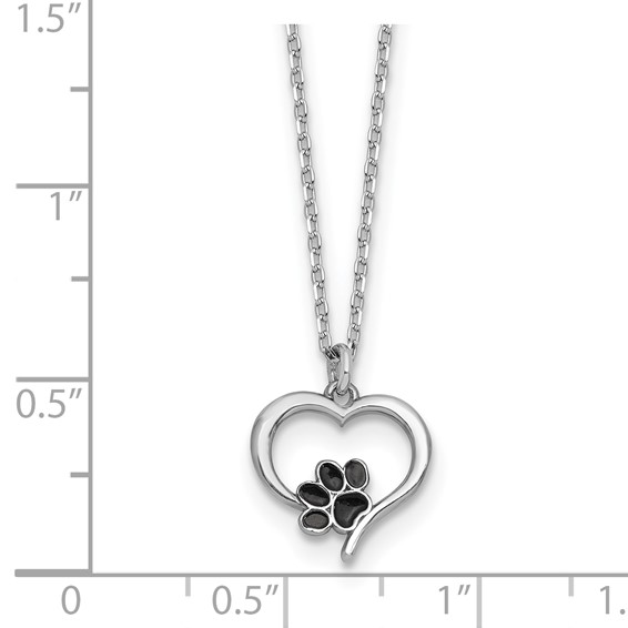 Sterling Silver Rhodium-plated Heart with Black Enameled Paw Print 16 inch with 1.5 inch Extension Necklace