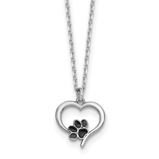 Sterling Silver Rhodium-plated Heart with Black Enameled Paw Print 16 inch with 1.5 inch Extension Necklace