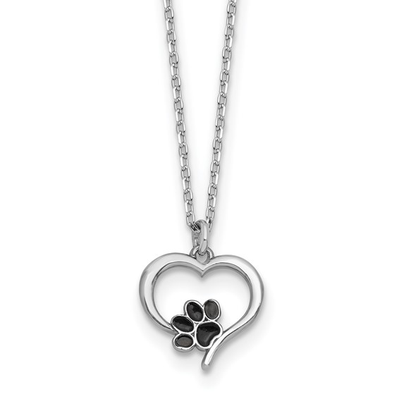 Sterling Silver Rhodium-plated Heart with Black Enameled Paw Print 16 inch with 1.5 inch Extension Necklace