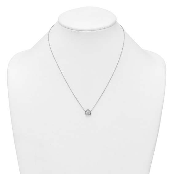 Sterling Silver Rhodium-plated Polished Textured CZ Flower 18 Inch Necklace