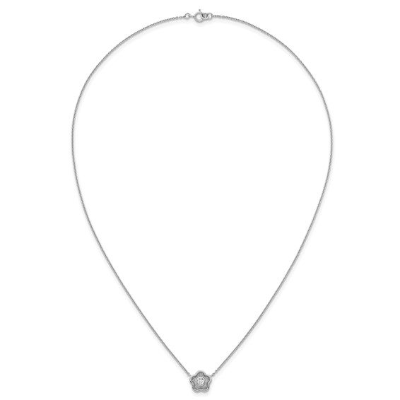 Sterling Silver Rhodium-plated Polished Textured CZ Flower 18 Inch Necklace