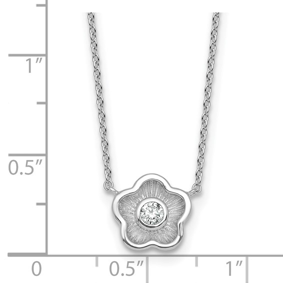 Sterling Silver Rhodium-plated Polished Textured CZ Flower 18 Inch Necklace