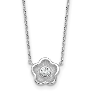Sterling Silver Rhodium-plated Polished Textured CZ Flower 18 Inch Necklace