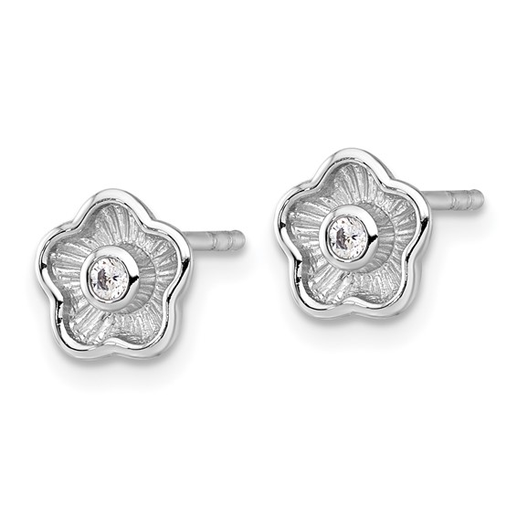 Sterling Silver Rhodium-plated Polished Textured CZ Flower Post Earrings