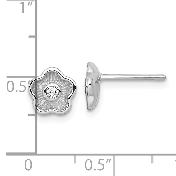 Sterling Silver Rhodium-plated Polished Textured CZ Flower Post Earrings
